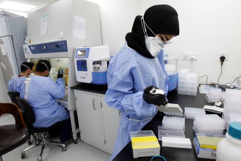 A medical worker tests blood samples for Covid-19 at a hospital in Najaf, Iraq, on February 15. 