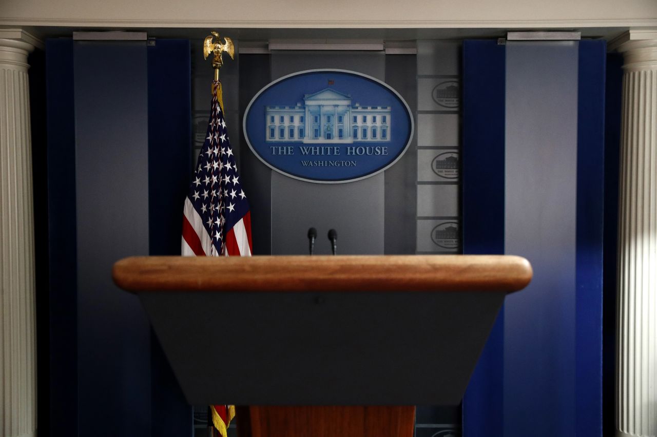 A podium in the James S. Brady Press Briefing Room at the White House on April 26.