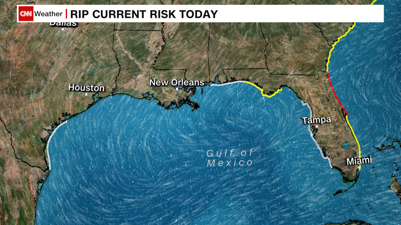 Rip current risk levels are shown today across the Gulf Coast. Red is the highest level of risk, followed by yellow and white. Most of the coast will be at risk of rip currents by this weekend.