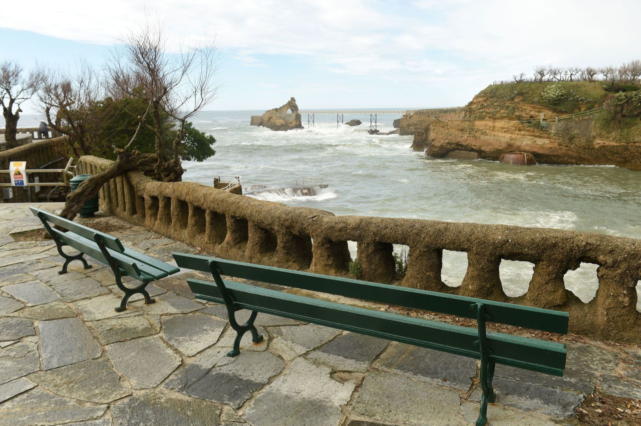 Empty benches are seen at the seafront of Biarritz, France on April 7.