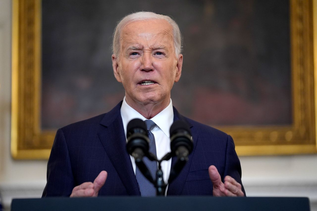 President Joe Biden delivers remarks on the verdict in former President Donald Trump's hush money trial and on the Middle East, from the State Dining Room of the White House in Washington, DC, on Friday.