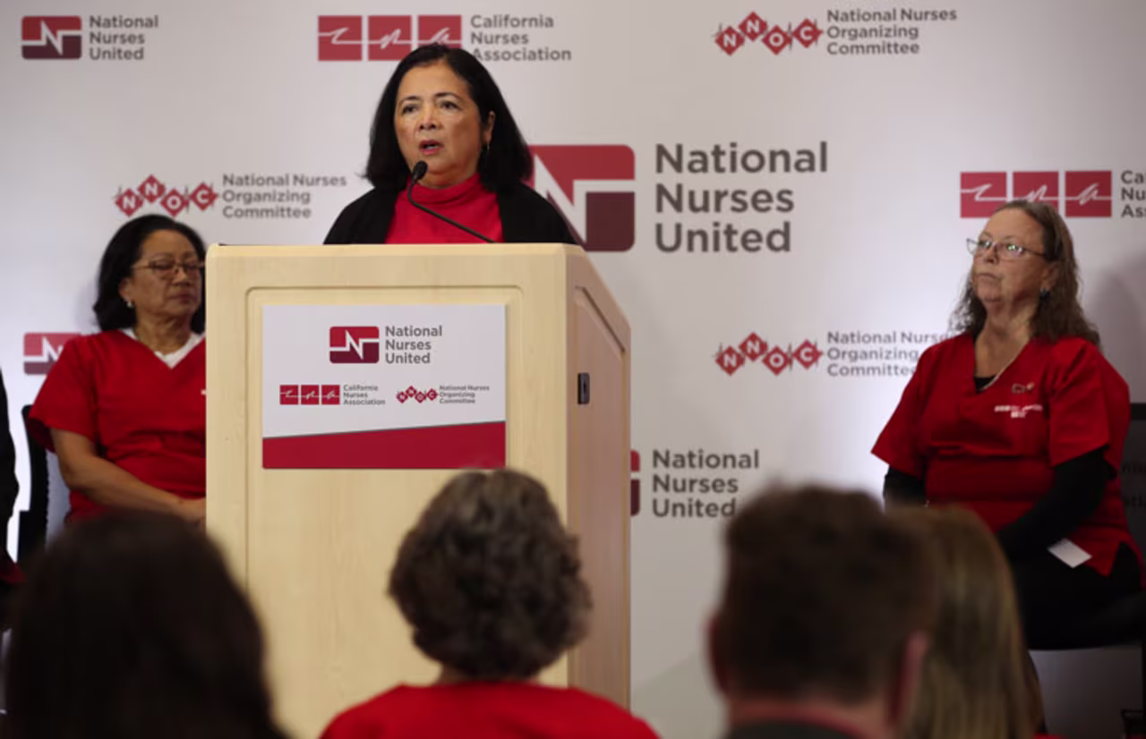 Bonnie Castillo, executive director of National Nurses United, speaks during a news conference at the National Nurses United offices on March 5 in Oakland, California. 