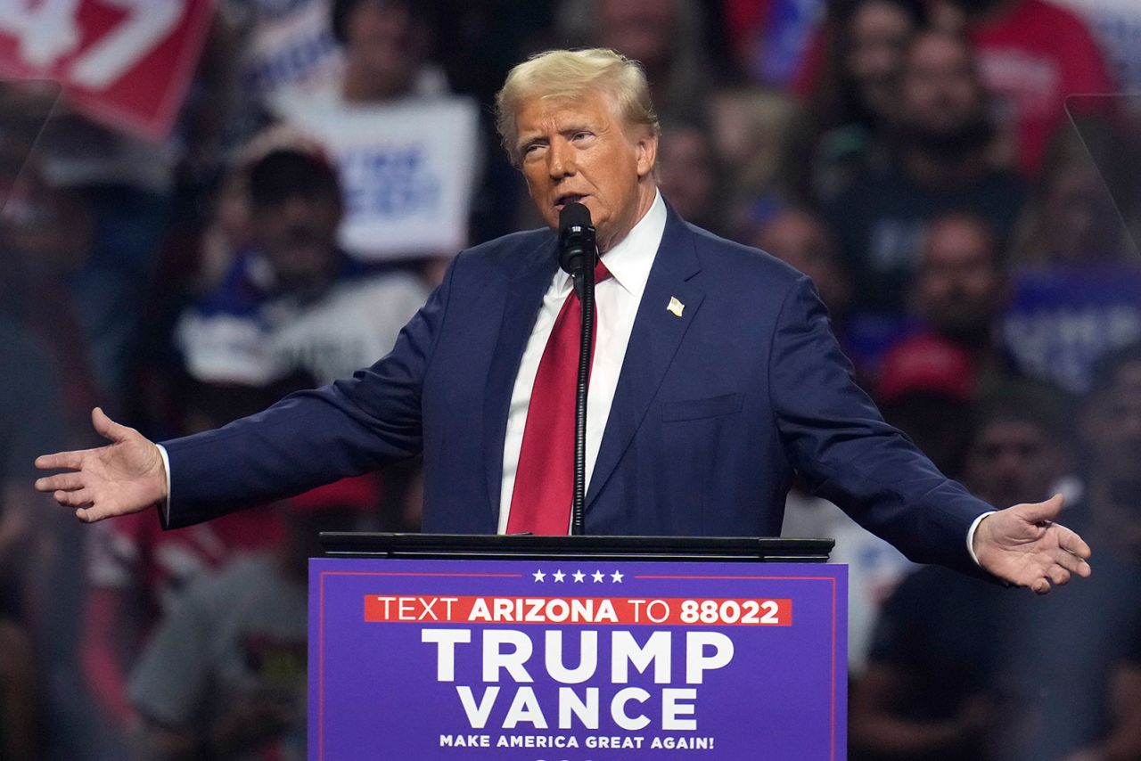 Former President Donald Trump, the Republican presidential nominee, speaks at a campaign rally on Friday, August 23, in Glendale, Arizona. 