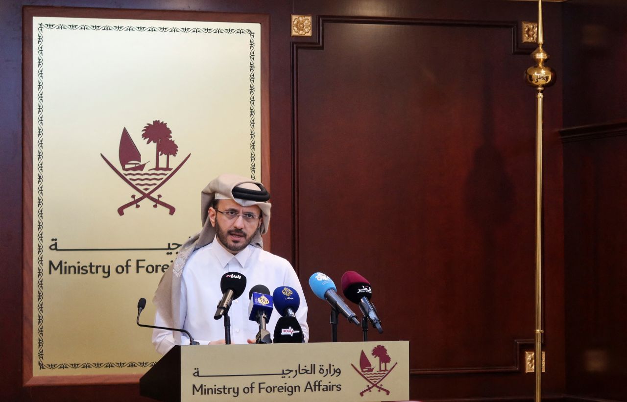 Qatar's foreign ministry spokesman Majed Al-Ansari is seen during a weekly press briefing in Doha, Qatar, on February 20. 