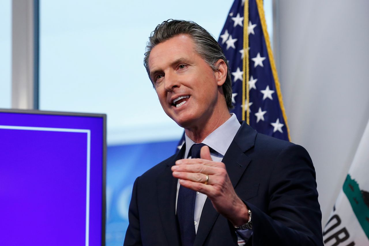 California Gov. Gavin Newsom speaks at a news conference in Rancho Cordova, CA on April 14.