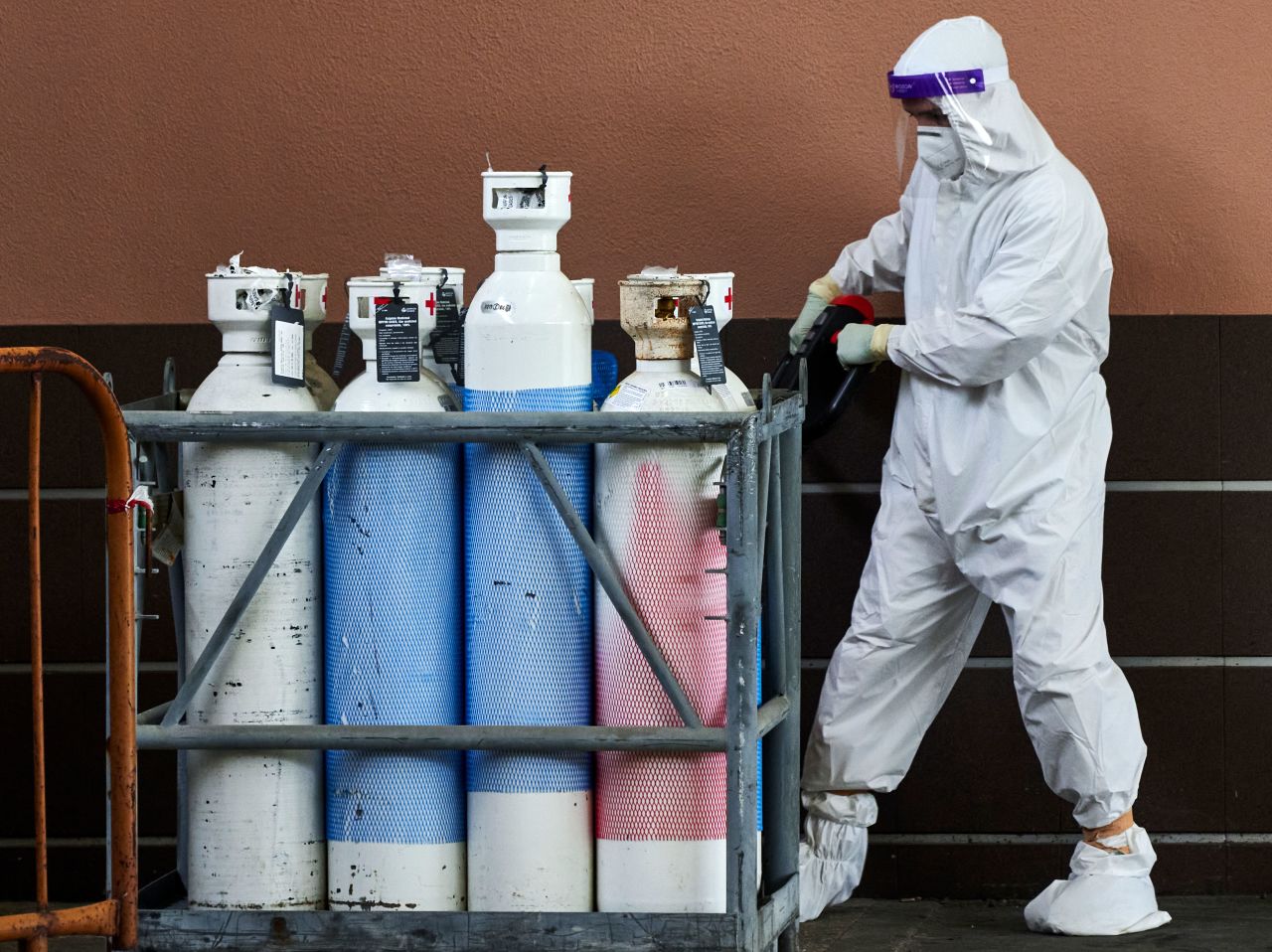 A health technician stands by oxygen tanks in the Covid-19 triage area at Garcia de Orta hospital in Almada, Portugal, on February 1.