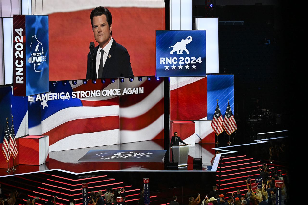 Rep. Matt Gaetz speaks during the third day of the Republican National Convention on Wednesday, July 17, in Milwaukee.