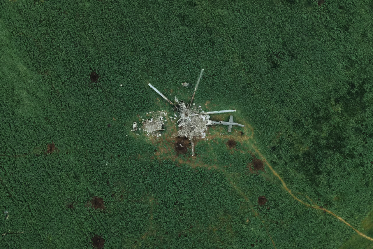 This photo, taken with a drone, shows the wreckage of a Russian helicopter in Mala Rohan, Ukraine.