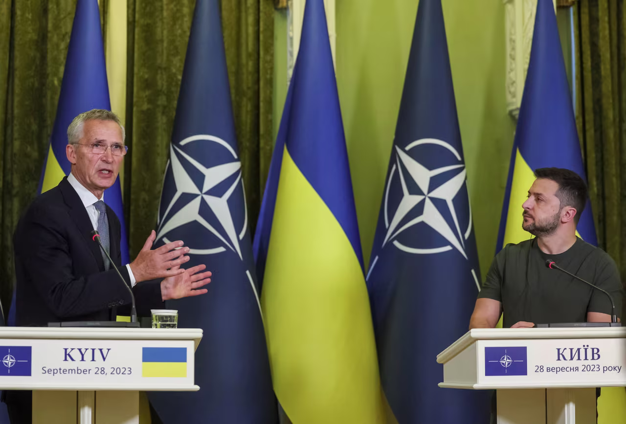 Zelensky and NATO Secretary-General Jens Stoltenberg attend a press conference in Kyiv, Ukraine September 28.