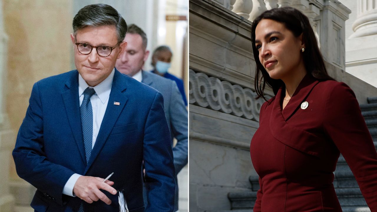 (L-R:) Speaker of the House Mike Johnson; Rep. Alexandria Ocasio-Cortez at the US Capitol in September.