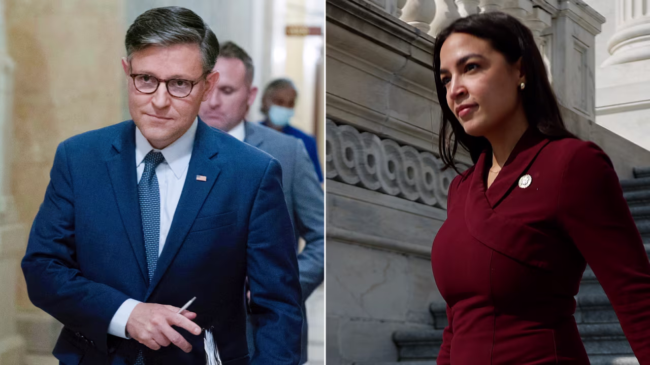 (L-R:) Speaker of the House Mike Johnson; Rep. Alexandria Ocasio-Cortez at the US Capitol in September.