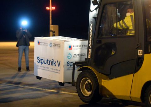 Russia's Sputnik V coronavirus vaccine arrives at Kosice Airport, Slovakia, on March 1.