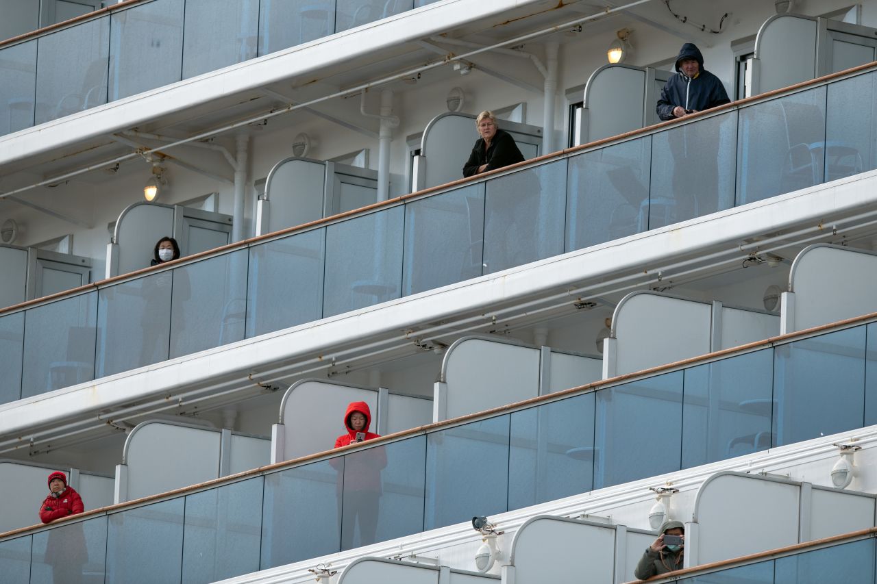 Passengers on the Diamond Princess cruise ship, docked in Yokohama, Japan, on February 6, 2020.