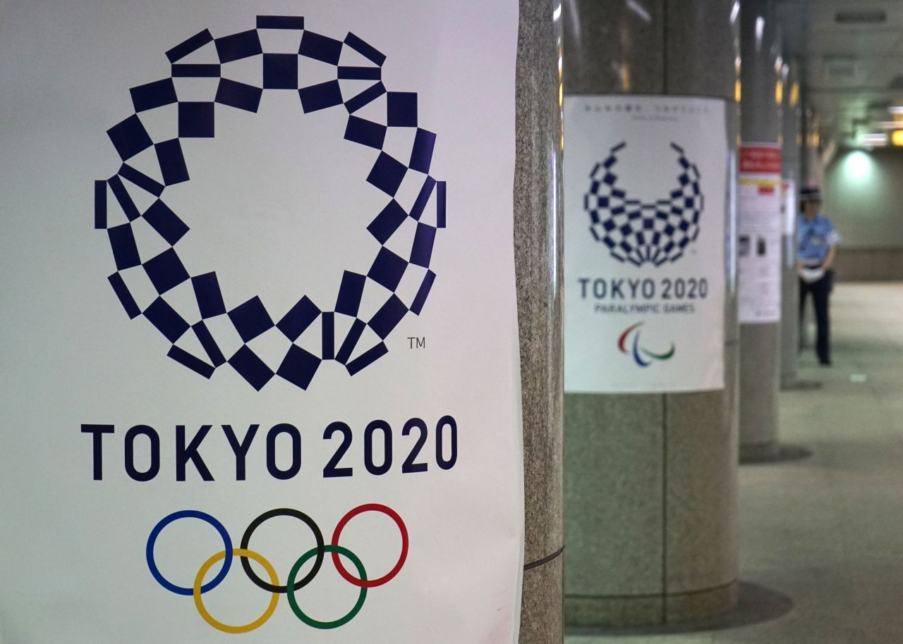 Logos for the upcoming Tokyo 2020 Olympic Games are displayed at a subway station in Tokyo in 2018.