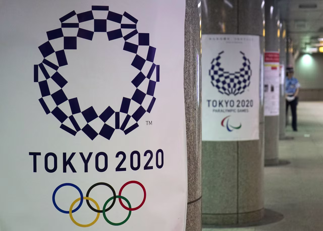 Logos for the upcoming Tokyo 2020 Olympic Games are displayed at a subway station in Tokyo in 2018.