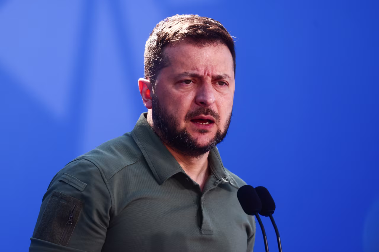 Volodymyr Zelensky speaks to media during the NATO Summit in Vilnius, Lithuania on July 12.
