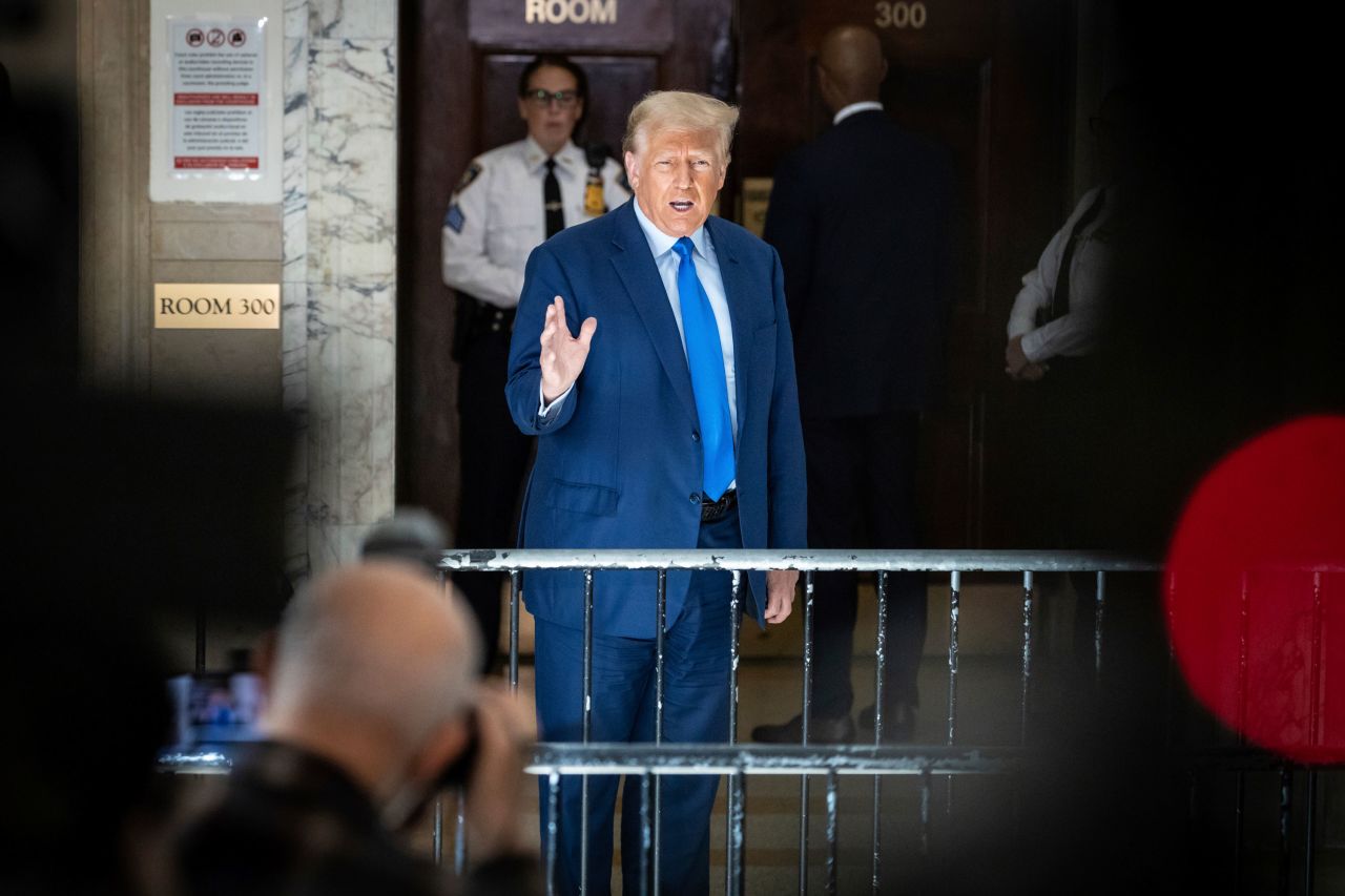 Former President Donald Trump speaks to the media during a trial break at New York Supreme Court on Tuesday.