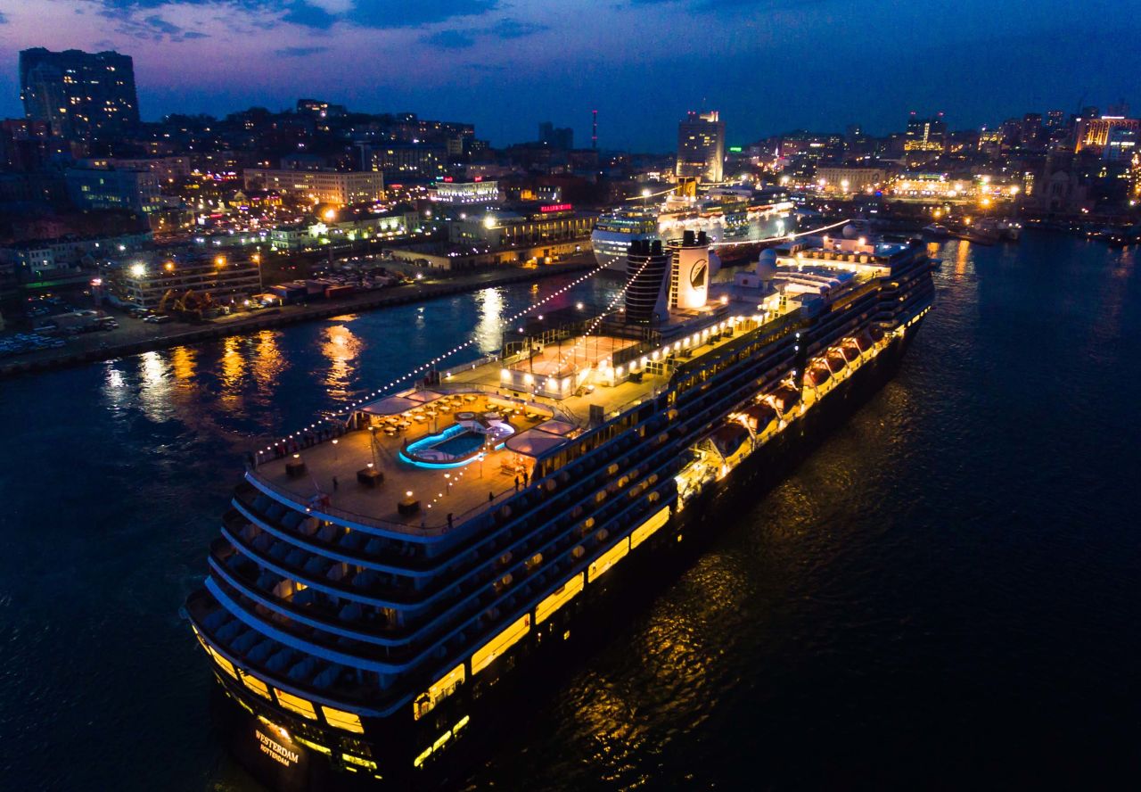 The Westerdam cruise ship is seen at the port of Vladivostok, Russia, in April 2019.