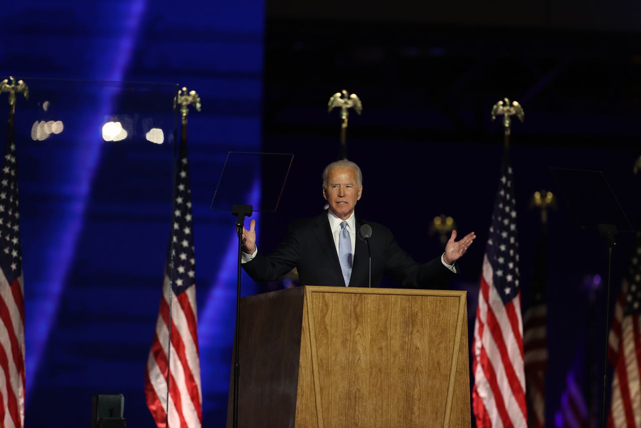 President-elect Joe Biden addresses the nation from the Chase Center November 7, in Wilmington, Delaware.