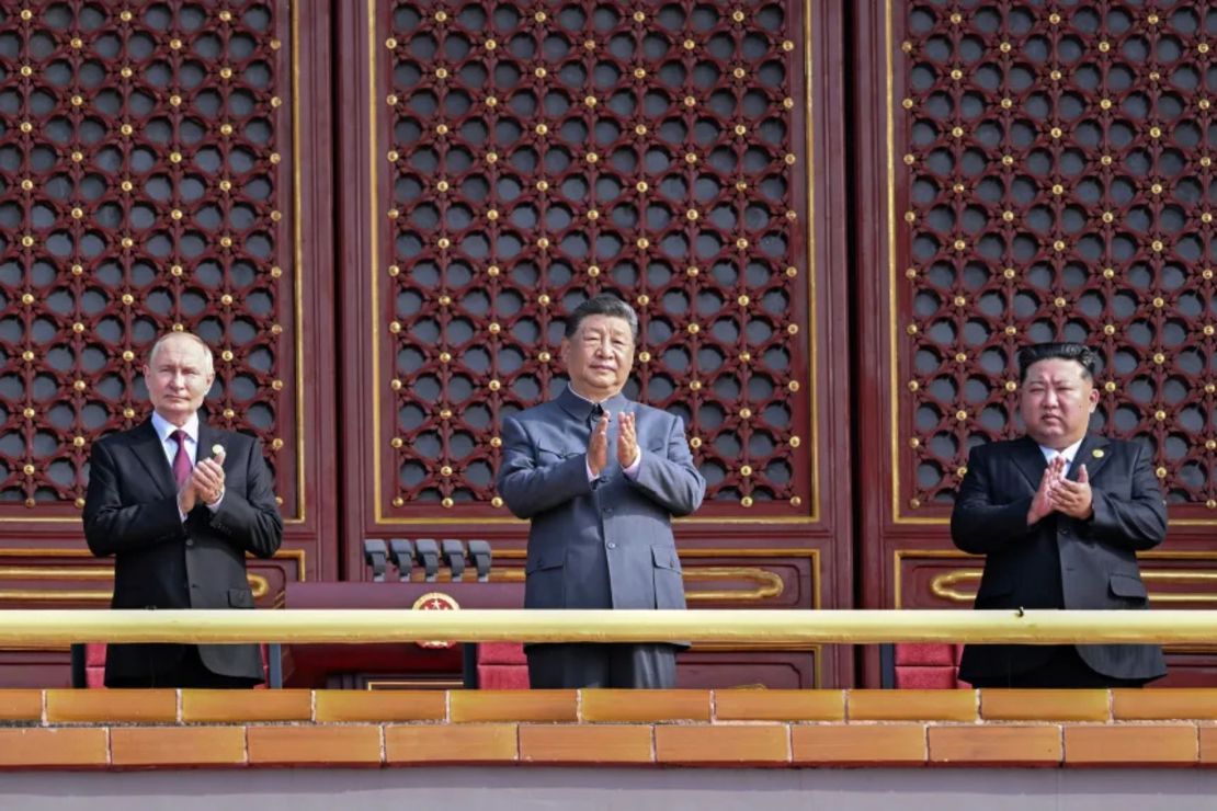 North Korea's leader Kim Jong Un, China's President Xi Jinping and Russian President Vladimir Putin attend a military parade in Beijing on Sept.