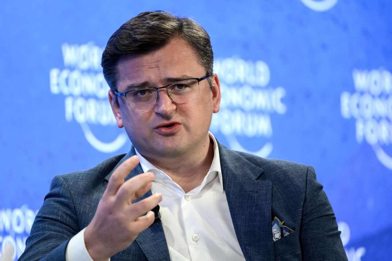 In this file photo Ukrainian Foreign Minister Dmytro Kuleba gestures during a session at the World Economic Forum (WEF) annual meeting in Davos, Switzerland, on May 25.