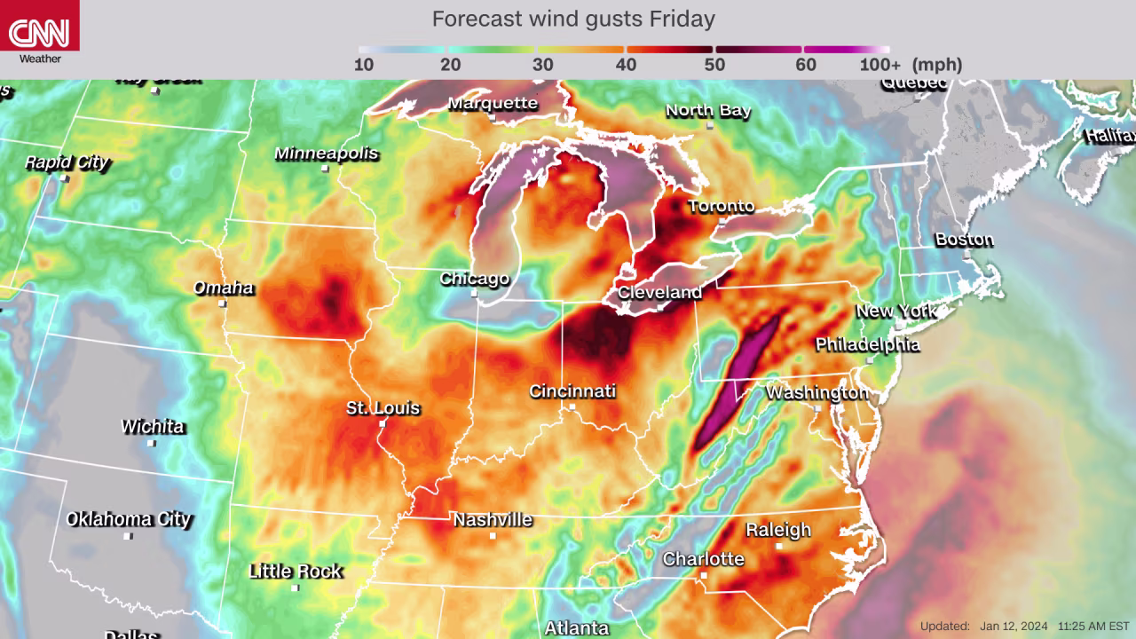 Wind gust forecast for Friday evening.