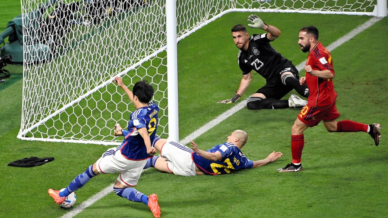 Japan’s Kaoru Mitoma crosses the ball, resulting in his team's second goal against Spain on Wednesday, December 1.?