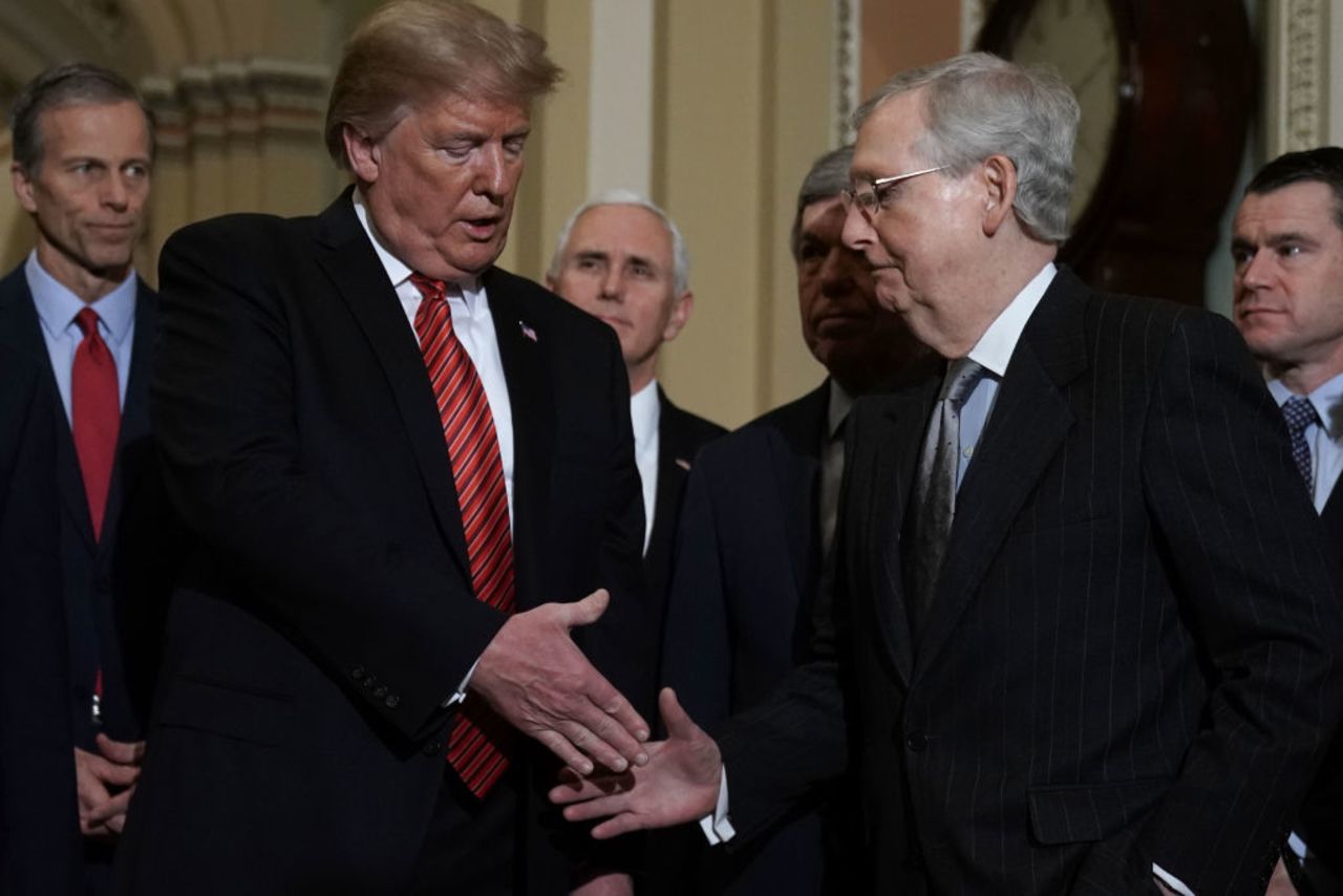 President Trump shakes hands with Senate Majority Leader Sen. Mitch McConnell (R-KY) (2nd R) as (L-R) Sen. John Thune (R-SD), Vice President Mike Pence, Sen. Roy Blunt (R-MO) and Sen. Todd Young (R-IN) look on at the US Capitol after the weekly Republican Senate policy luncheon Jan. 09, 2019 in Washington, DC. 