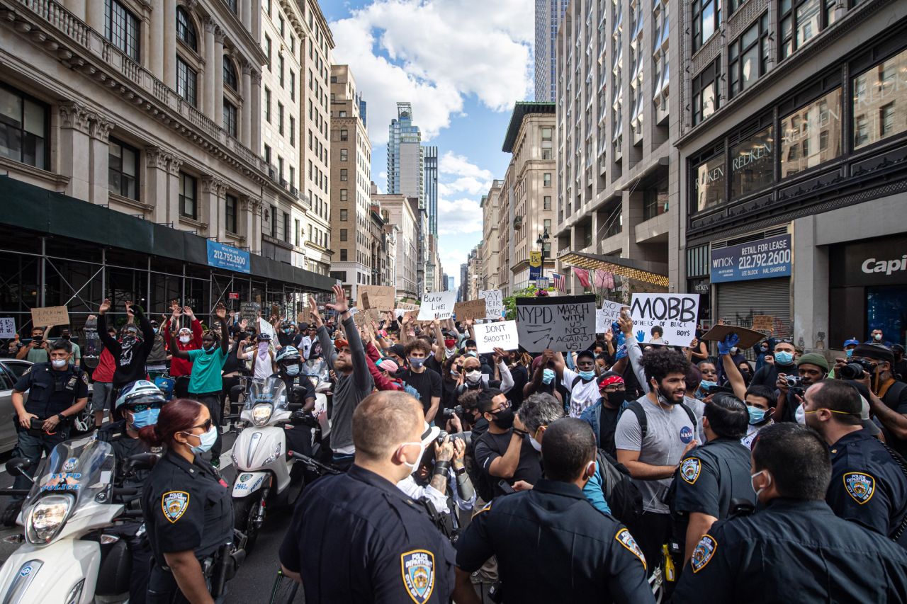 Demonstrators protest on May 31 in the Manhattan borough of New York City.  