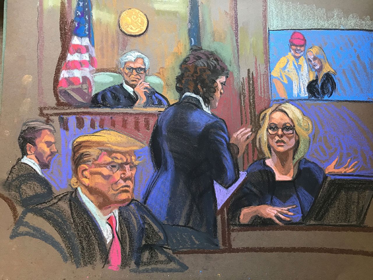 Stormy Daniels is questioned by prosecutor Susan Hoffinger in Manhattan state court in New York City on May 7 in this courtroom sketch. 