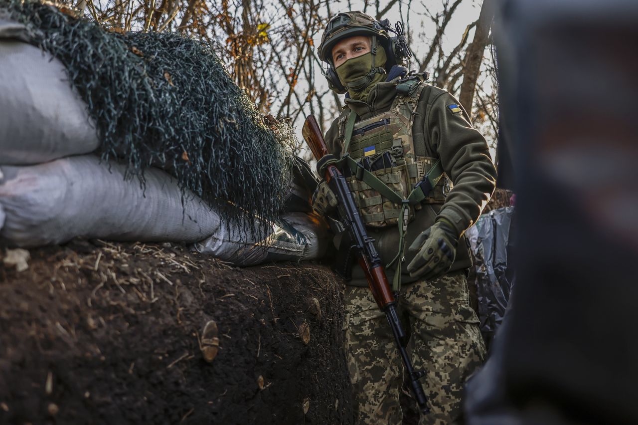 A Ukrainian serviceman patrols at the frontline in the northern Kherson region, Ukraine, on November 7.