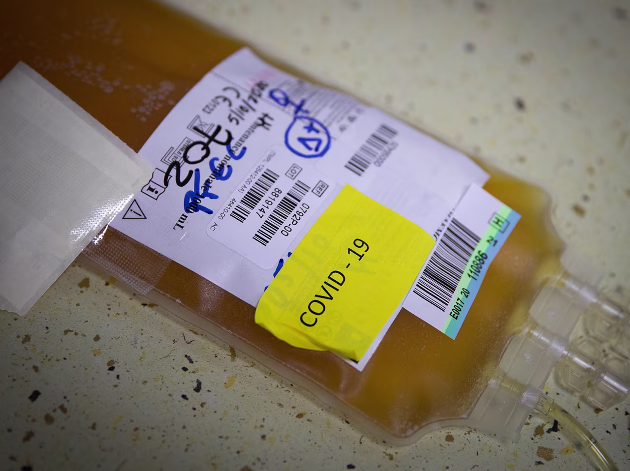 A bag of blood plasma from a donor who has recovered from Covid-19 is seen at The Blood and Tissue Bank Foundation in Palma de Mallorca, Spain on October 5.