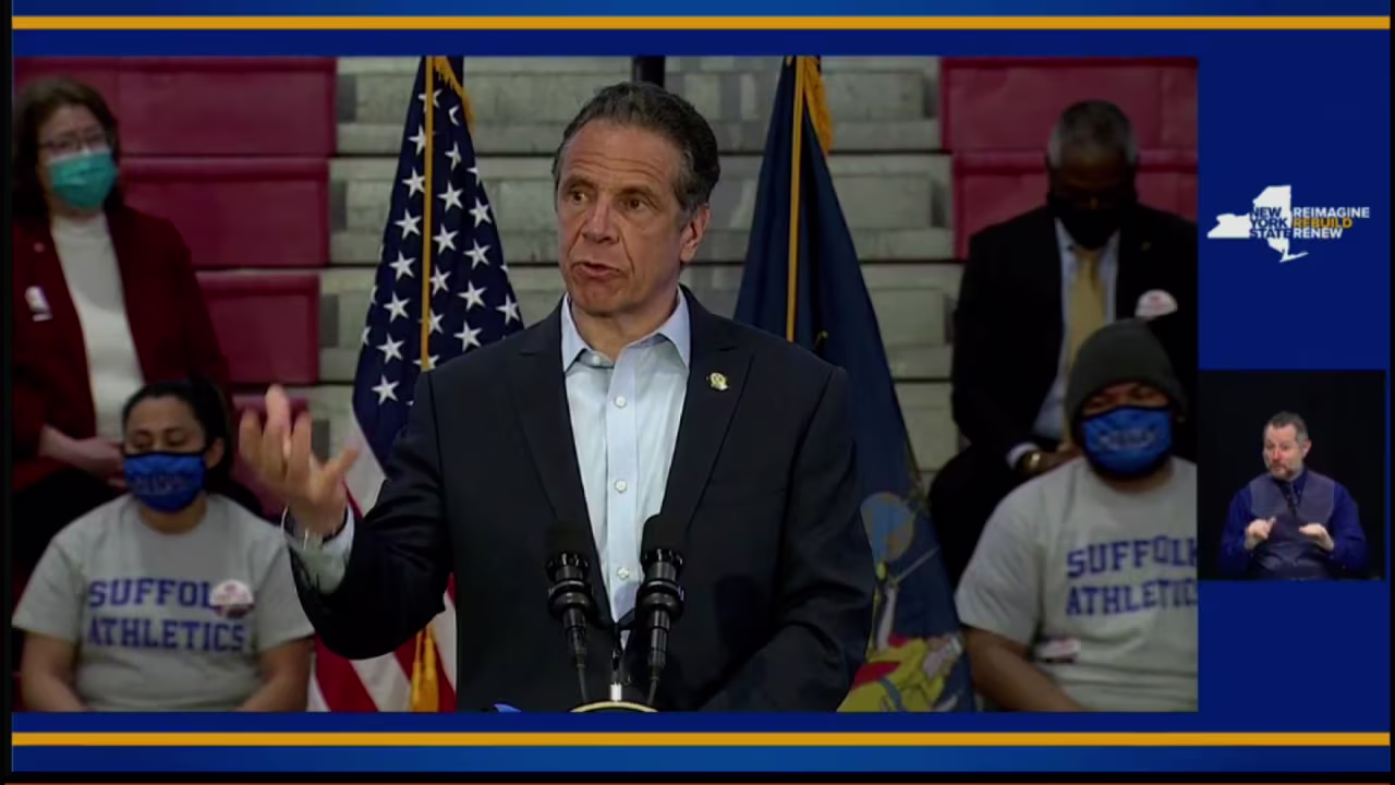 New York Gov. Andrew Cuomo speaks during an event in Brentwood, New York, on April 12.