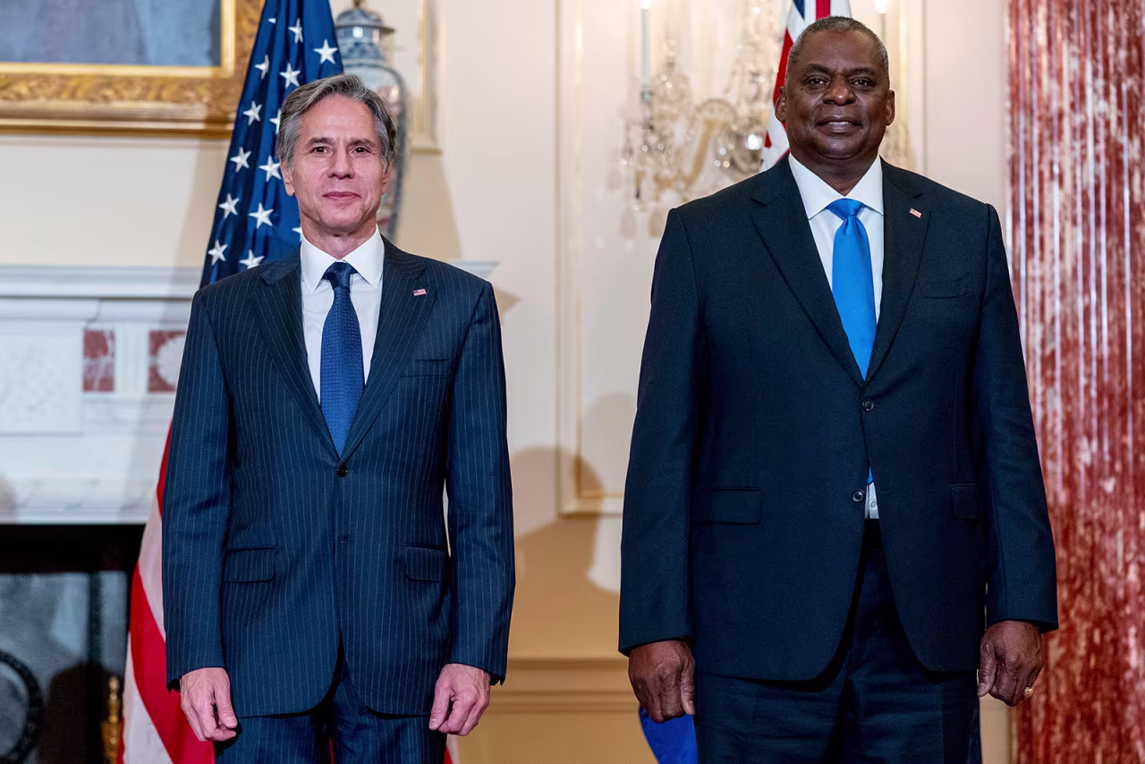Secretary of State Antony Blinken, and Defense Secretary Lloyd Austin pose for a photograph at the State Department in Washington, on Thursday, Sept. 16, 2021. 