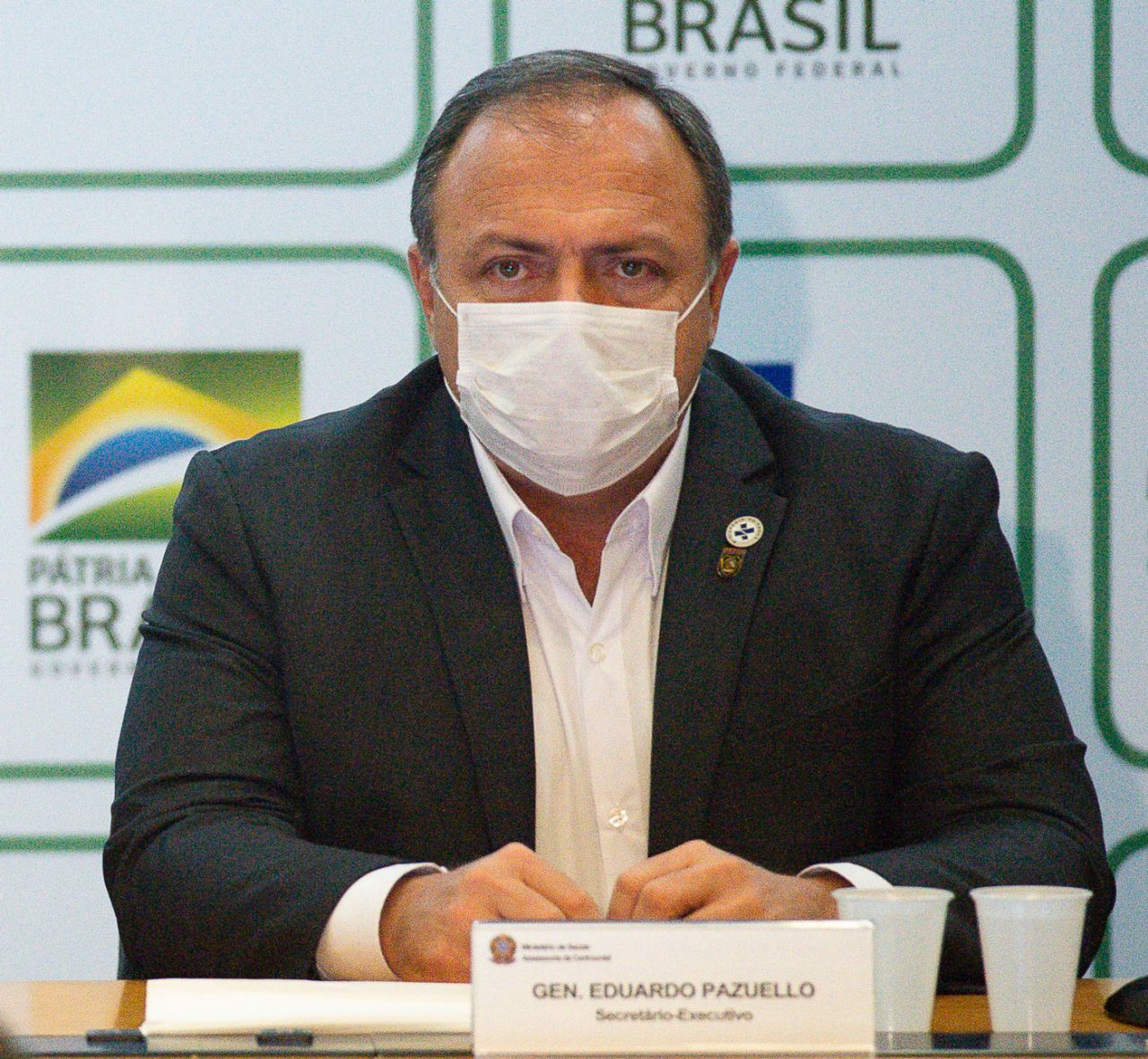 Executive Secretary of the Ministry Health Eduardo Pazuello sits during a press conference at the Ministry of Health on May 15 in Brasilia, Brazil.