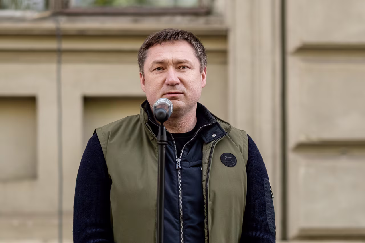 Maksym Kozytskyi speaks in Lviv, Ukraine on May 9.