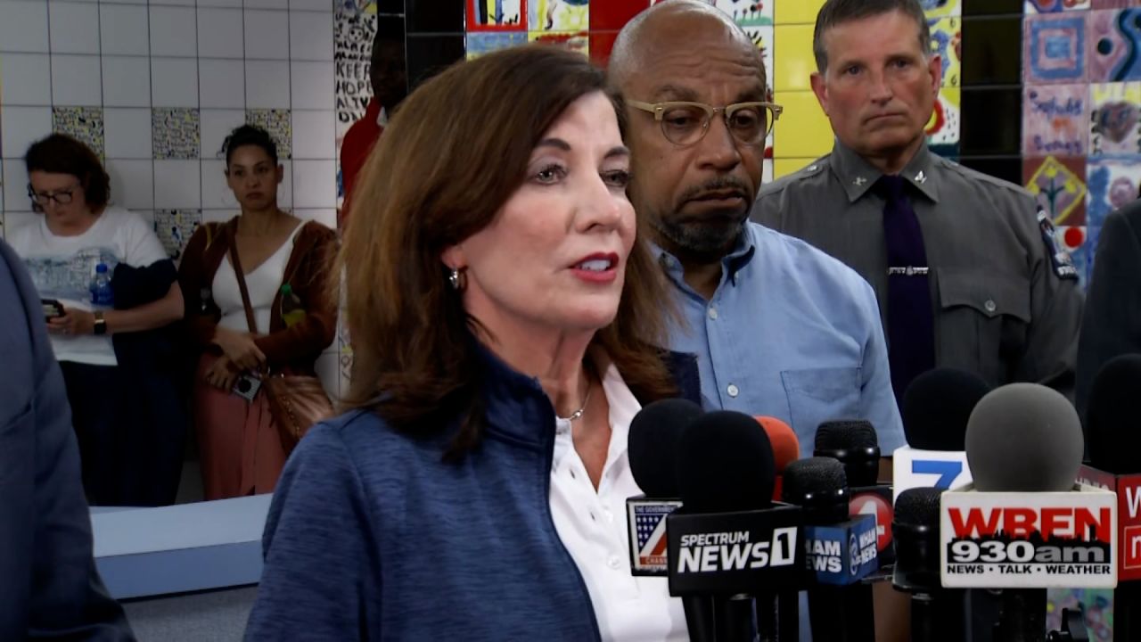 New York Gov. Kathy Hochul speaks at a news conference.