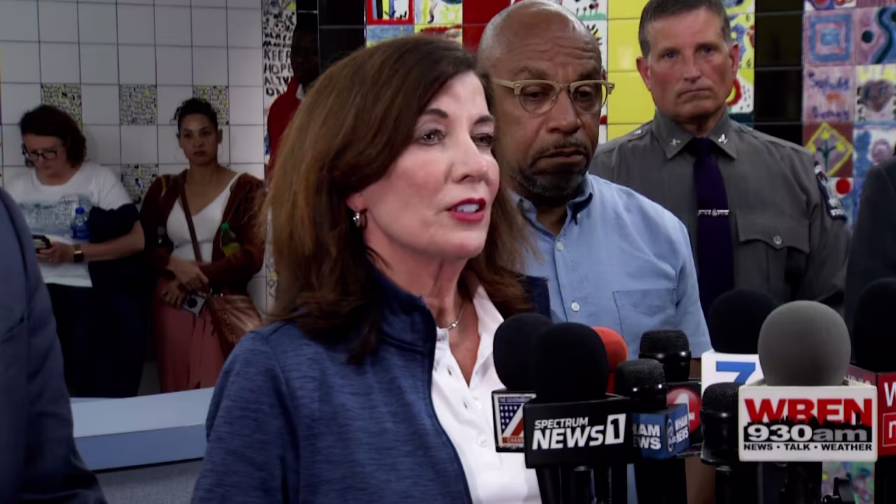 New York Gov. Kathy Hochul speaks at a news conference.
