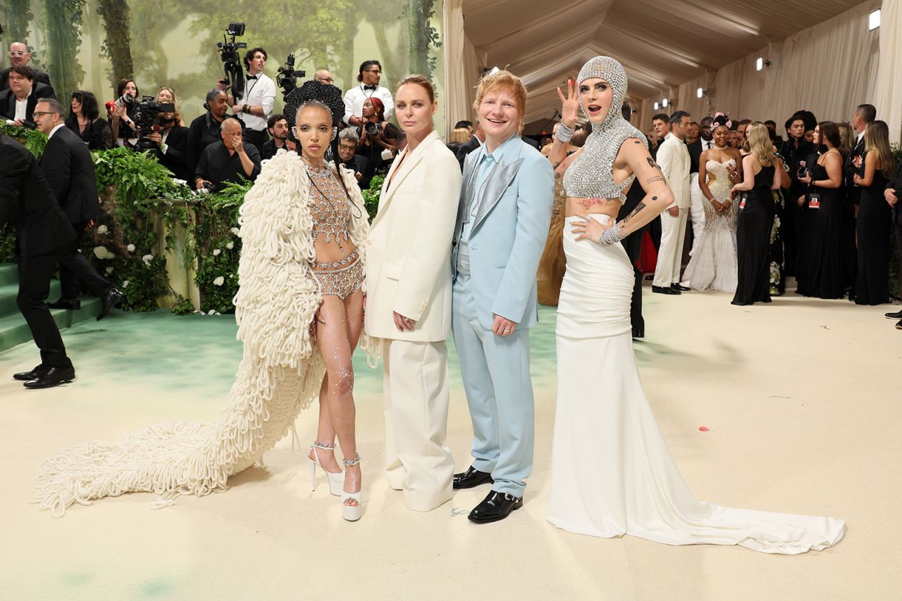 From left, FKA Twigs, Stella McCartney, Ed Sheeran and Cara Delevingne attend the 2024 Met Gala on May 6.