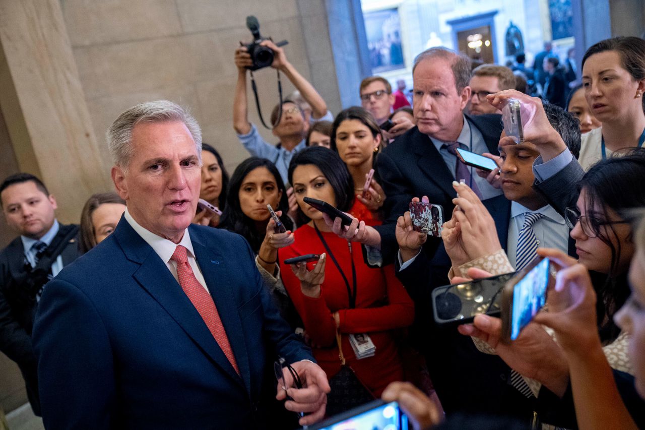 House Speaker Kevin McCarthy speaks to reporters outside his office on Capitol Hill in Washington, June 7.?