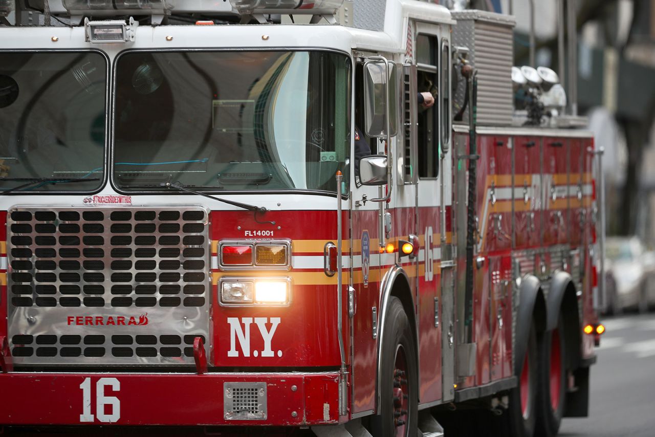 A fire truck is seen as firefighters and New Yorkers cheered for healthcare workers in New York City on April 12.