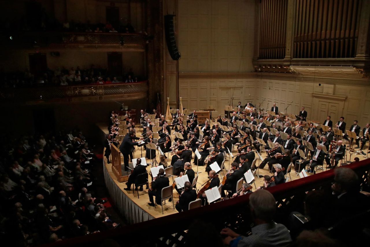 Andris Nelsons conducts a joint concert of the Boston Symphony Orchestra and Germany's visiting Leipzig Gewandhaus Orchestra on Oct. 31, 2019, at Symphony Hall in Boston.