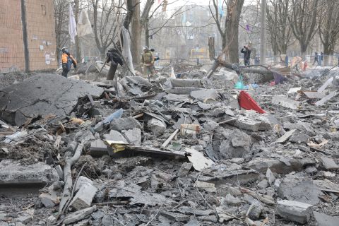 A view of damage after shelling in the pro-Russian separatists-controlled Donetsk on March 30. 