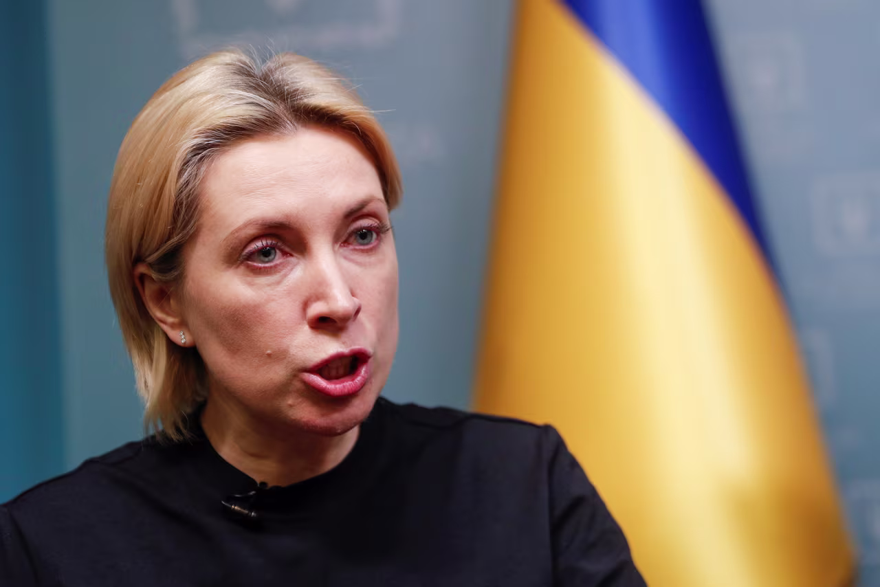 Ukraine's Deputy Prime Minister Iryna Vereshchuk gives an interview in Kyiv, Ukraine, on April 11.