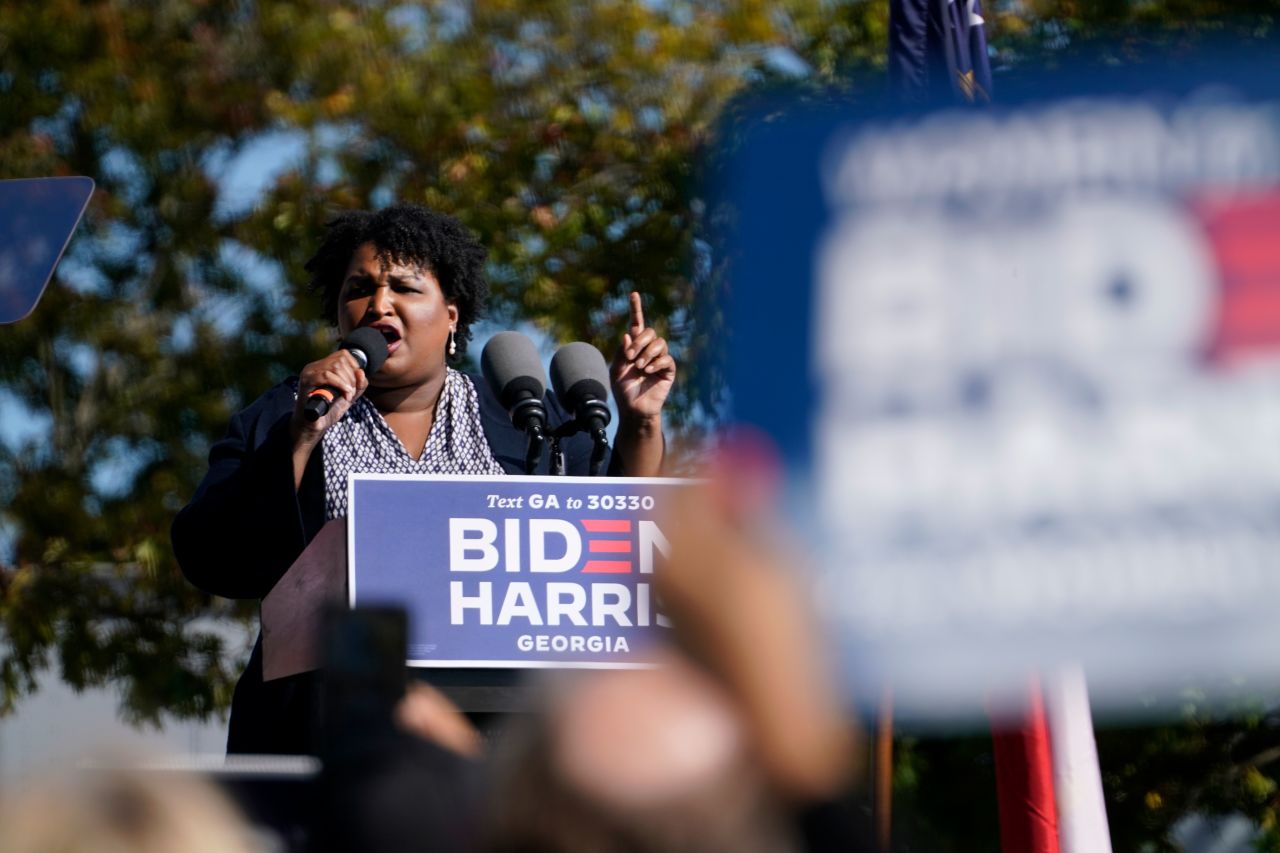 Stacey Abrams speaks at a rally for Democratic presidential nominee Joe Biden in Atlanta on November 2.