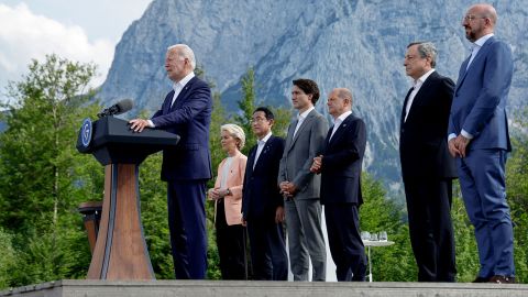 US President Joe Biden, left, addresses a press conference while, second from left to right, European Commission President Ursula von der Leyen, Japan's Prime Minister Fumio Kishida, Canada's Prime Minister Justin Trudeau, Germany's Chancellor Olaf Scholz, Italy's Prime Minister Mario Draghi and European Council President Charles Michel listen, during the G7 Summit at Elmau Castle, Germany, on June 26.