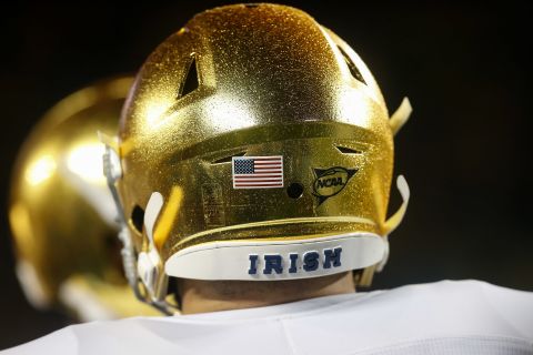 The back of a Notre Dame player's helmet is seen during a game against the Michigan Wolverines on October 26, 2019 at Michigan Stadium in Ann Arbor, Michigan. 