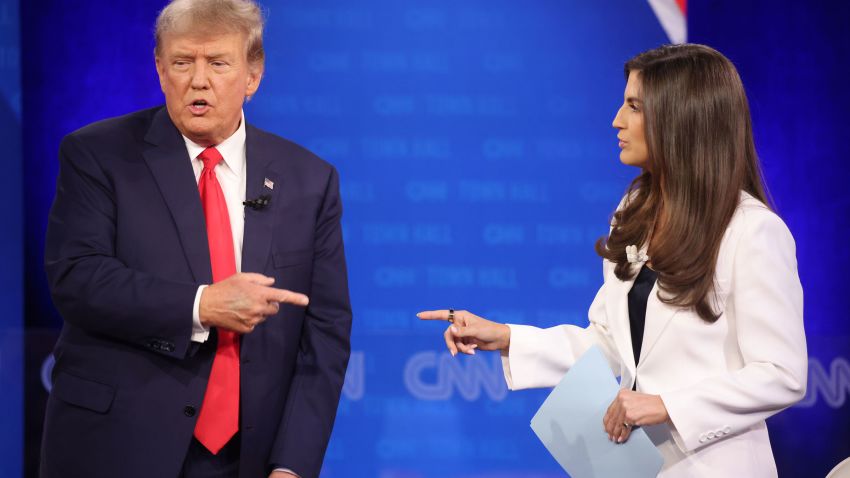 Former President Donald Trump points at CNN's Kaitlan Collins during the town hall.