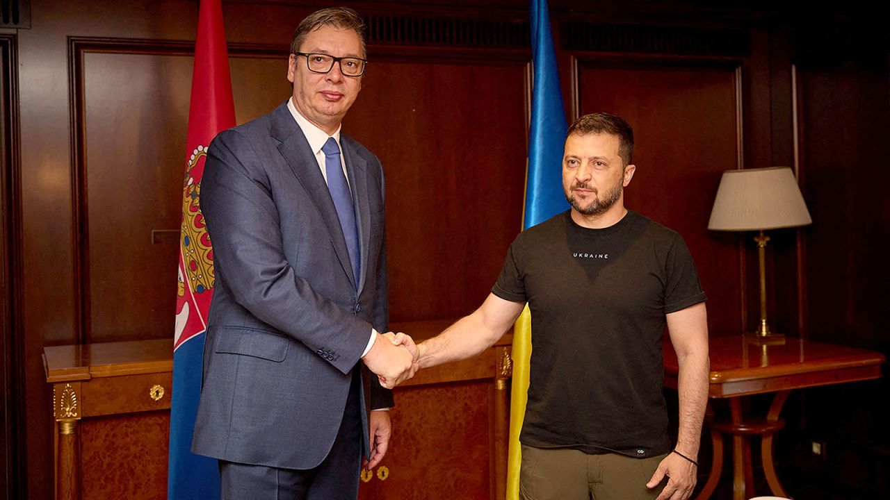 Serbian President Aleksandar?Vucic shakes hands with Ukrainian President Volodymyr Zelenskiy at the Maximos Mansion in Athens, Greece,on Monday, August 21.