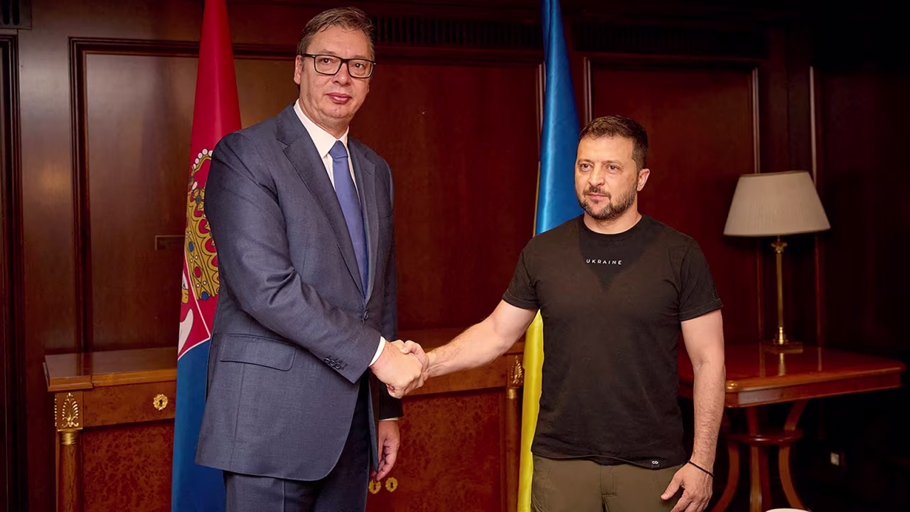 Serbian President Aleksandar Vucic shakes hands with Ukrainian President Volodymyr Zelenskiy at the Maximos Mansion in Athens, Greece,on Monday, August 21.